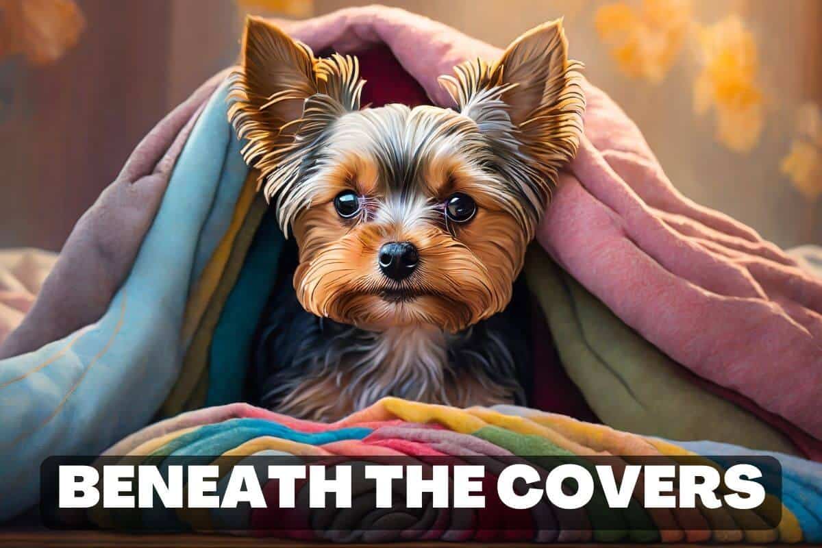 Beneath the covers. A Yorkie under blankets.