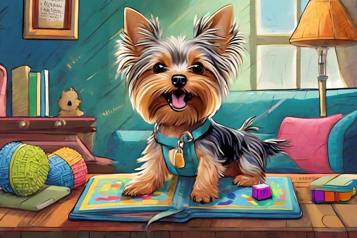 yorkie sitting on a training book with toys around him to represent his owner trying to learn about the meaning of yorkie vocalizations.