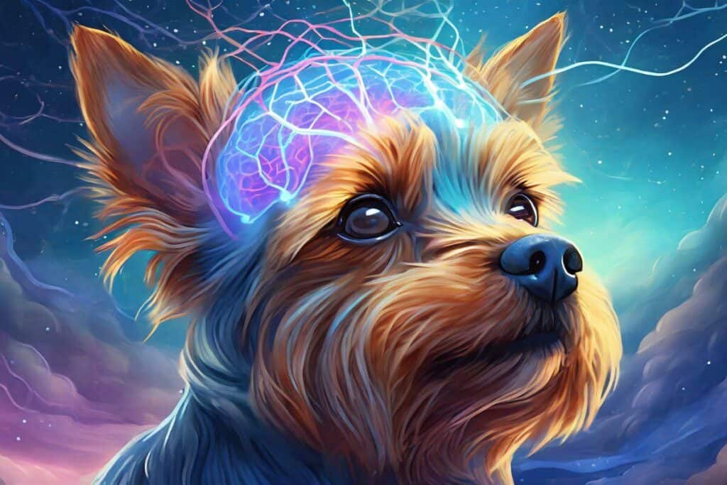 A detailed illustration of a Yorkie's brain with glowing neural pathways, representing the dream activity. The background is a soft gradient of blues and purples, symbolizing the depth of nighttime
