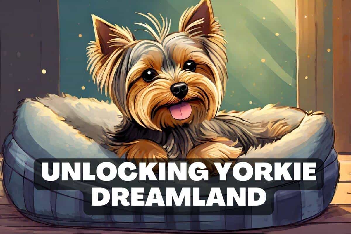 Unlocking Yorkie Dreamland is captioned over a Yorkie in his dog bed, ready to go to sleep.