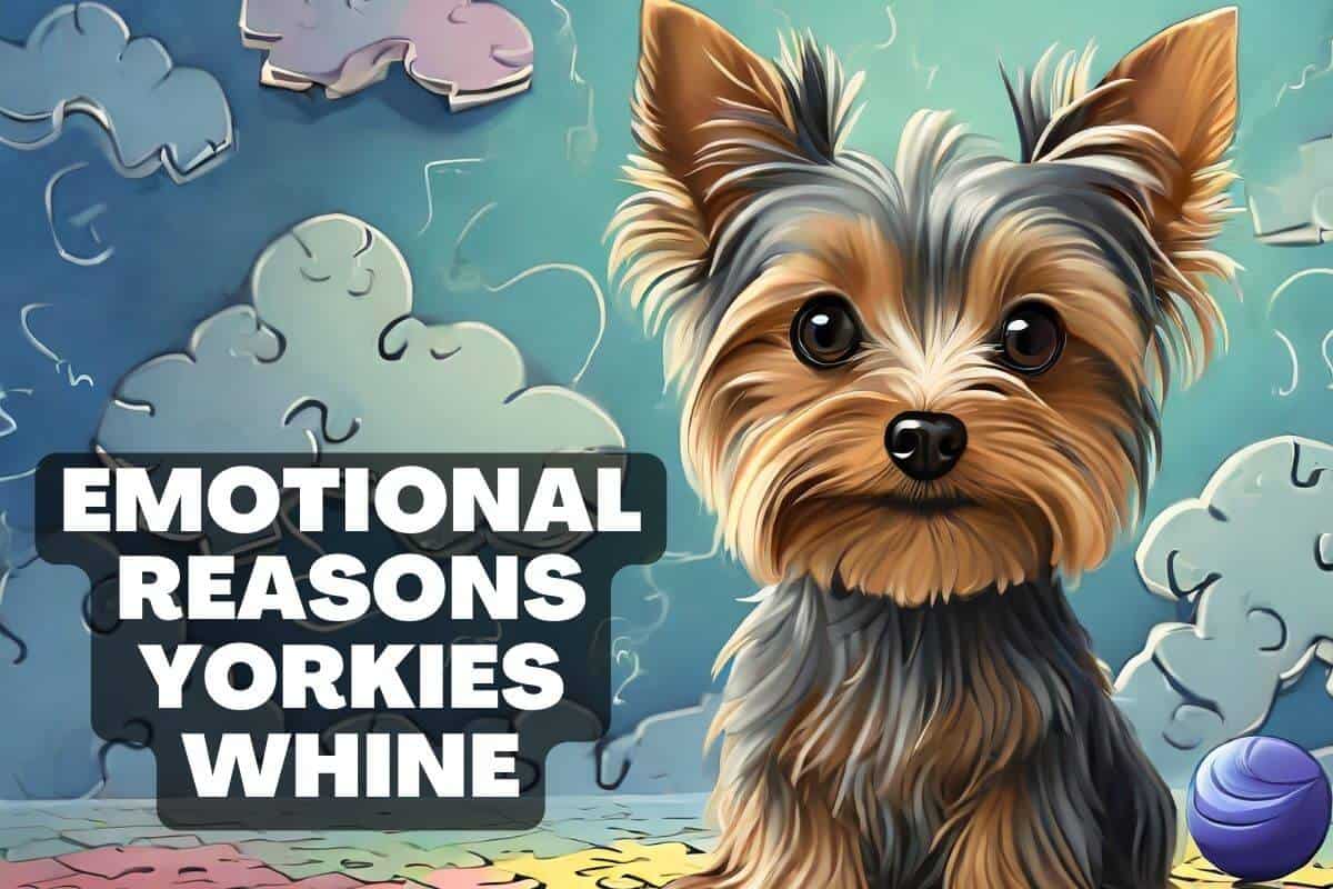Emotional reason why yorkies whine. A yorkie is sitting and there are puzzle pieces all around to represent trying to figure out what's wrong.