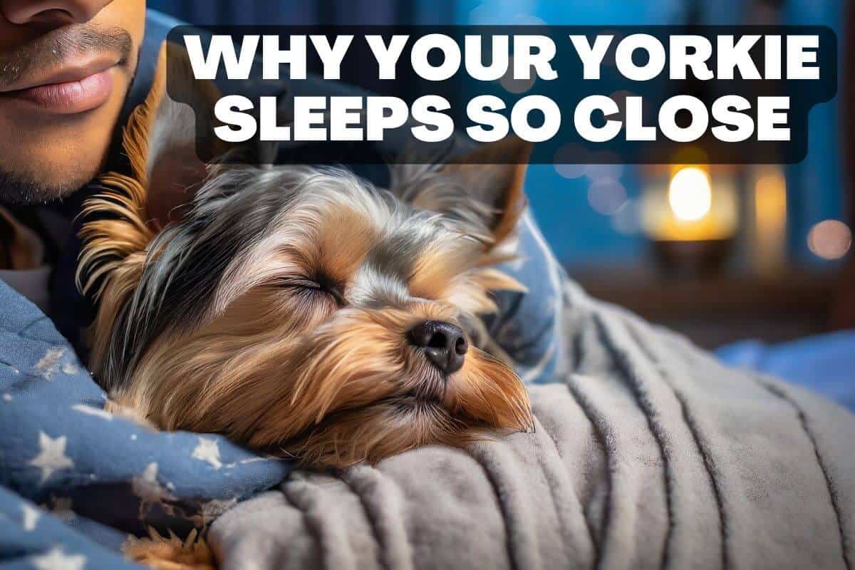 Why your Yorkie sleeps so close. Yorkie cuddling with owner in a blanket.