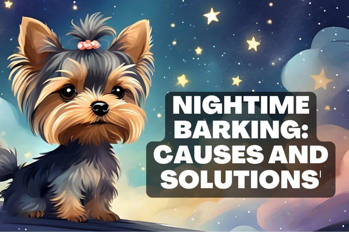 Yorkie shown with a starry let background. Words say Nightime barking causes and solutions.