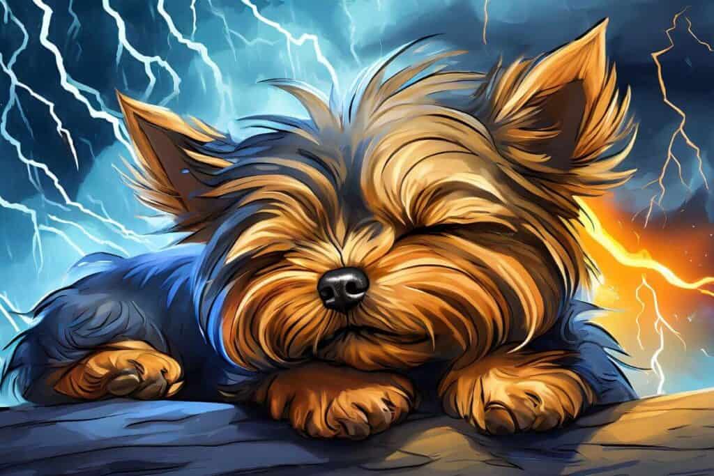 A distressed Yorkie having a nightmare about thunder and lightning.