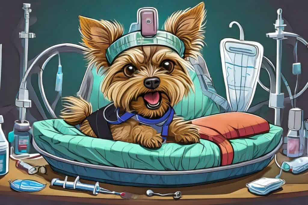 Unhappy Yorkie in his dog bed surrounded by medical equipment.
