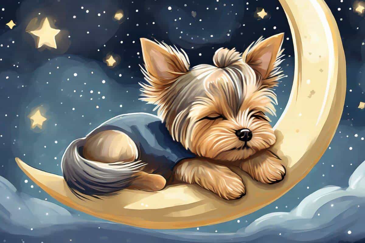 Yorkie sleeping on a crescent moon with stars in the background to symbolize twitching in his sleep.