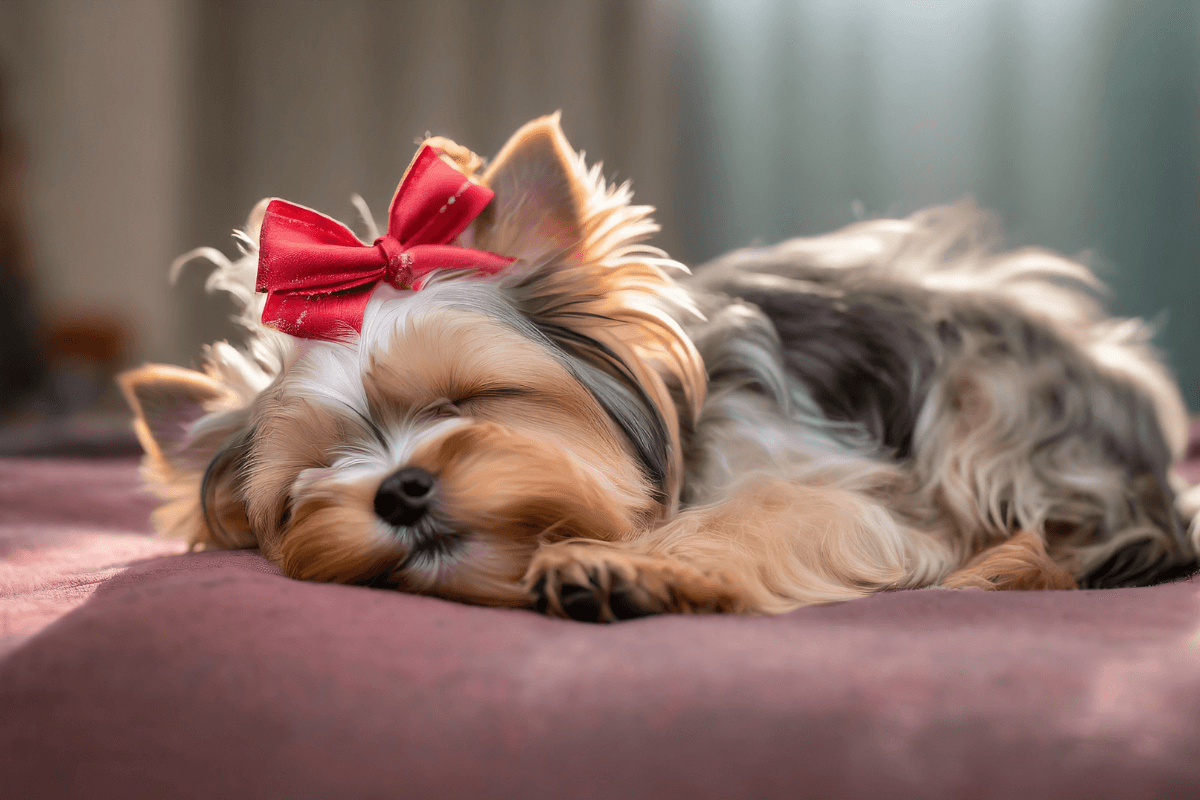 A Yorkie with a red bow sleeping peacefully on a blanket, illustrating the question, "Are Yorkies light sleepers?"