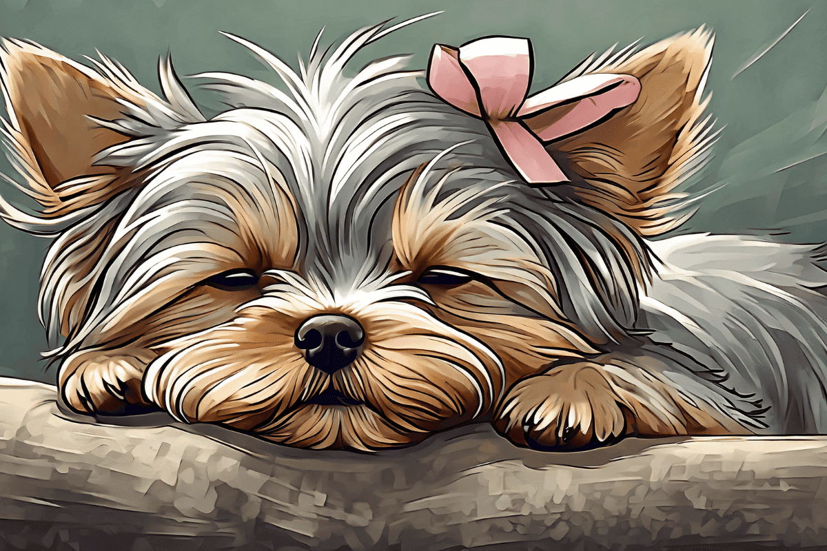A Yorkie with a pink bow in its hair sleeps soundly, illustrating the topic Do Yorkies have REM sleep?