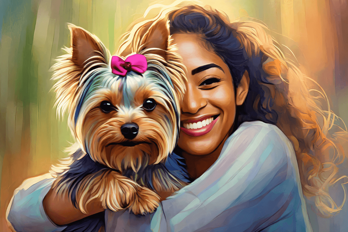 A joyful Yorkie cuddling a person with the question 'Do Yorkies like to be cuddled?' illustrating the article's theme on Yorkie affection.