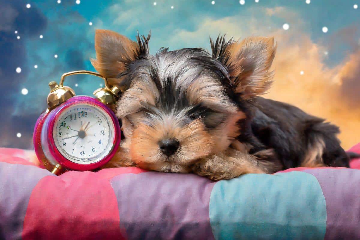 Yorkie sleeping in a dog bed with a clock next to him, symbolizing how long a Yorkie's nap is.