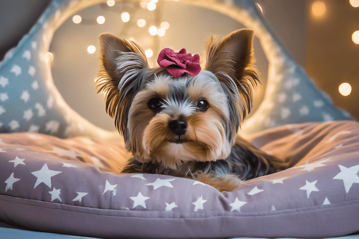 Sweet Yorkie with s flower in her hair getting ready to fall asleep in her bed. Learn how to calm a Yorkie before bedtime.