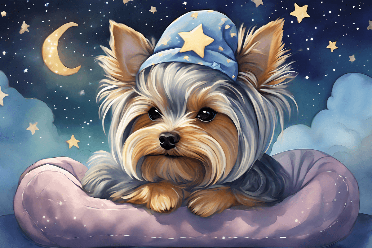 What affects Yorkie's sleep? Yorkie in his bed with a night cap on and the moon and stars in the background