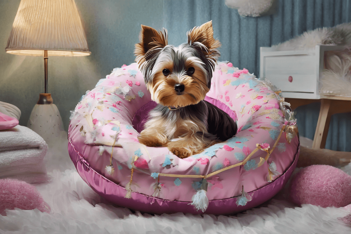 Yorkie sitting up in a pink bed. Where is the best place for a Yorkie to sleep?