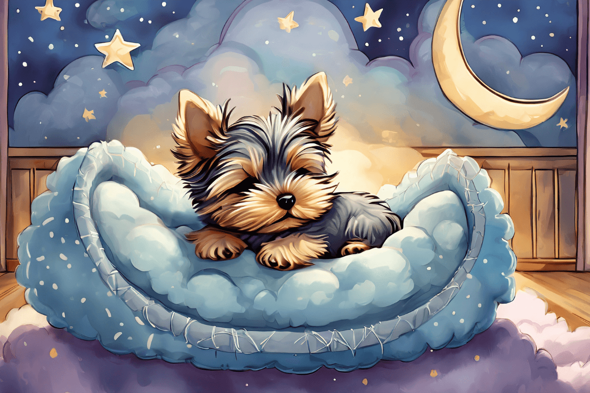 "Yorkie sleeping peacefully in a cloud-shaped bed with a moon and stars, illustrating the ideal night's sleep for the article Where Should Yorkies Sleep at Night.