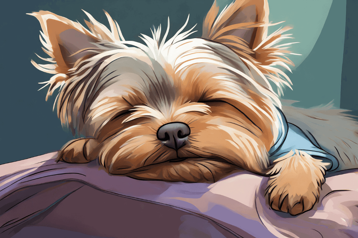 An adorable Yorkie sleeps soundly on top of a fluffy blanket, nestled comfortably and illustrating the cozy question: Why does my Yorkie sleep on top of me?