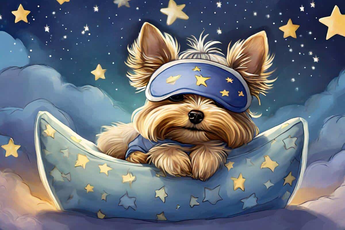 Yorkie in a dog bed, wearing a sleep mask, trying to fall asleep. background is a nighttime scene.