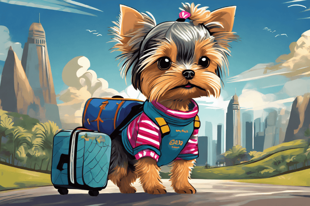 Silly picture of a yorkie dressed up with a suitcase for traveling.