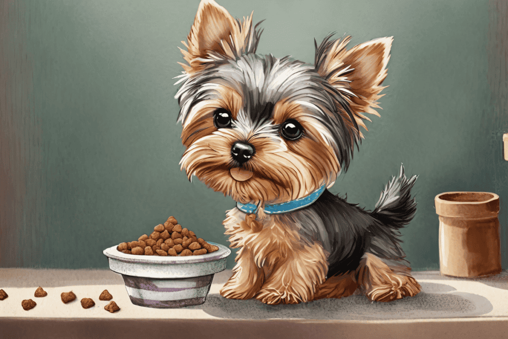 A cute Yorkie shown eating from a bowl, enjoying its meal.